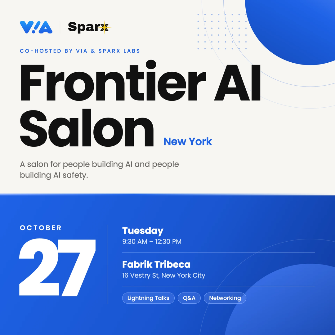 Frontier AI Salon: New York flyer — VIA and Sparx logos above a bold black title on cream, with a blue panel showing October 27, Tuesday 9:30 AM to 12:30 PM, Fabrik Tribeca, 16 Vestry St, New York City