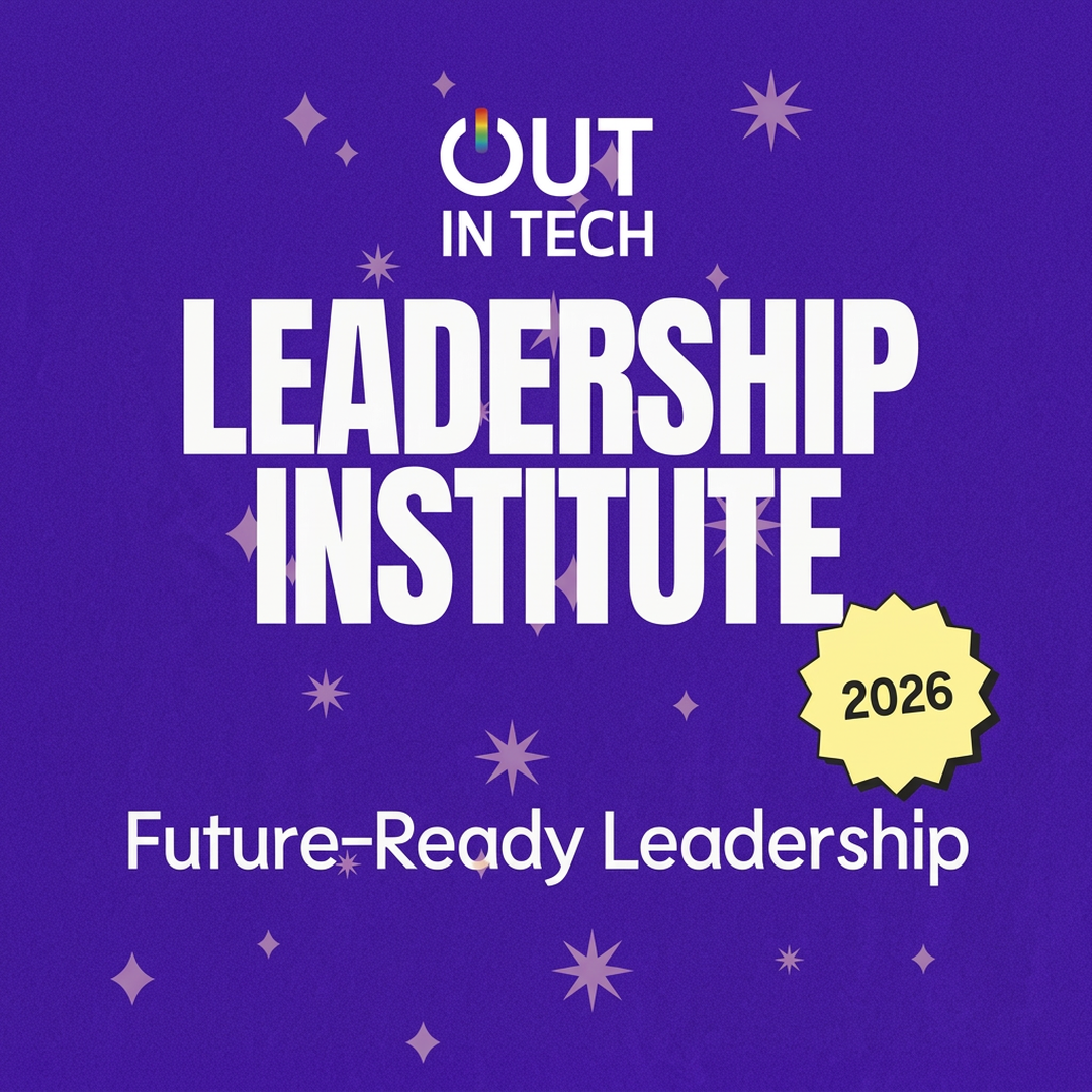 Out in Tech 2026 Leadership Institute poster — Future-Ready Leadership, on a purple background with sparkles and a yellow 2026 badge
